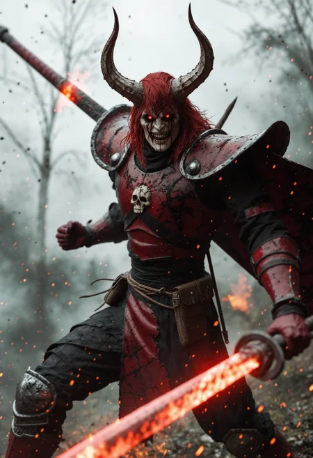 grimdark fantasy illustration of a fully armored knight with a large greatsword in one hand. The colossal crimson sword is made of blood. The knight's armor is intricately detailed and made from a black material, covered in occult symbols and runic script and his pauldrons are large horned demon skulls. He is surrounded by an army of demonic creatures attacking. Red mist permeates the air and the light is ominously fateful. Dynamic and dramatic depiction of an epic battle scene.