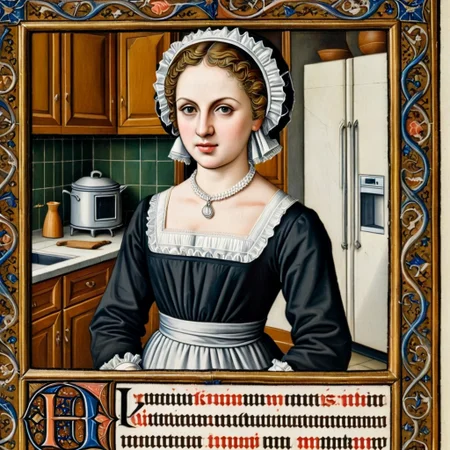 pam-mdvl portrait of a maid, kitchen background, rectangular frame, texta,highly detailed, dynamic, masterpiece,intricate,hdr