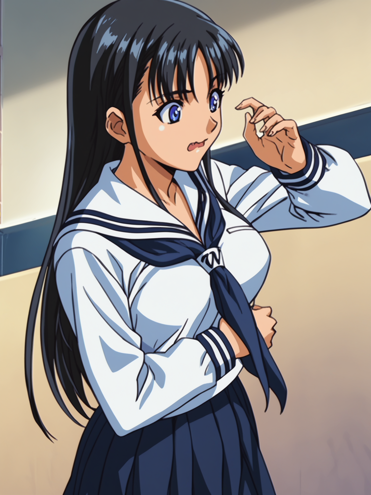 <lora:happy_tentacle-asa-v0.3:1>, ht_asa, school uniform, sailor collar, serafuku, school , 1girl, solo, cowboy shot, thighs , , ( surprised , (wavy mouth:0.8) :1.1), looking away , score_9, score_8_up, score_7_up, score_6_up, score_5_up, score_4_up