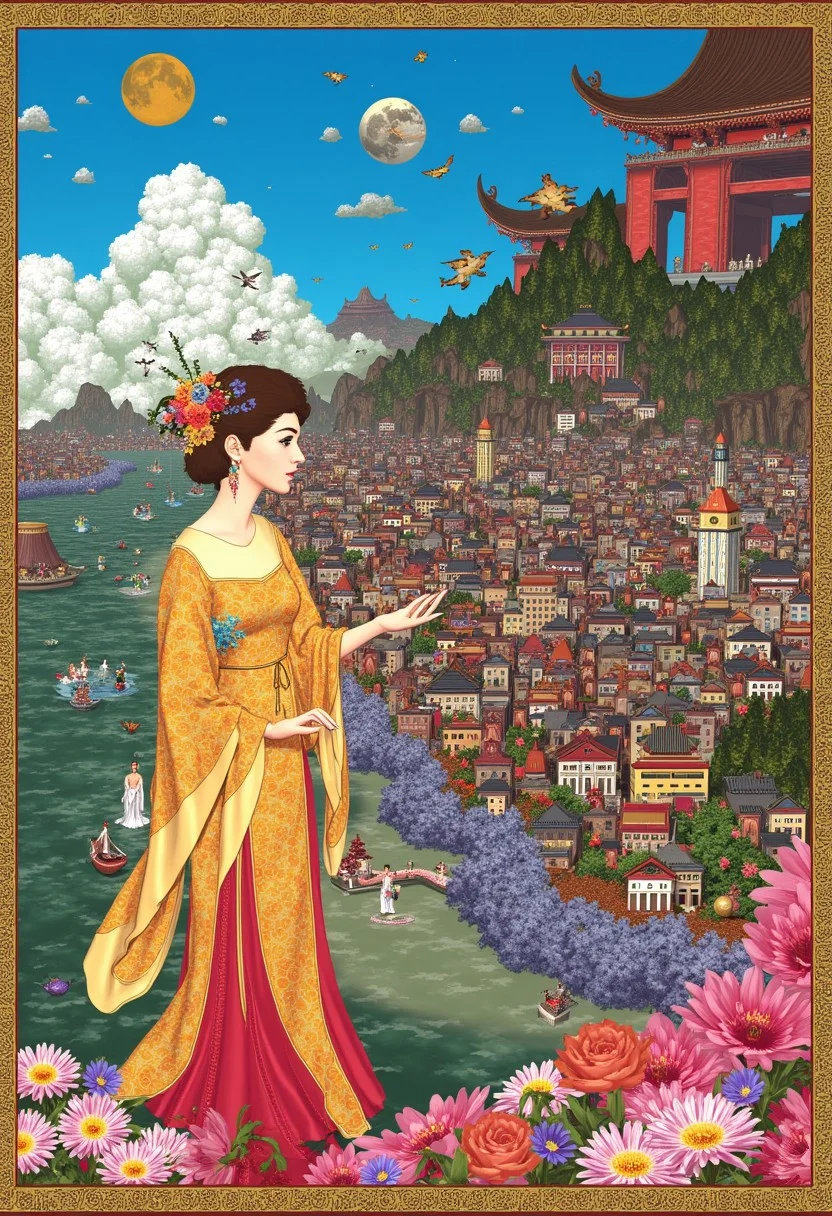 An oriental fantasy city beautiful landscape, day, woman, very intricate, very detailed, sharp, bright, colorful,