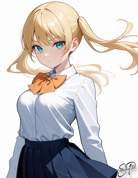 h0sh1z4k1, 1girl, solo, long hair, breasts, blue eyes, blonde hair, bow, twintails, medium breasts, green eyes, school uniform, white shirt, sidelocks, cowboy shot, miniskirt, aqua eyes, floating hair, orange bow, 1girl, alone, clothed, upper body, looking at viewer, simple background, white background, cropped_torso, masterpiece, best quality, amazing quality, very aesthetic, newest, scenery, uncensored,
