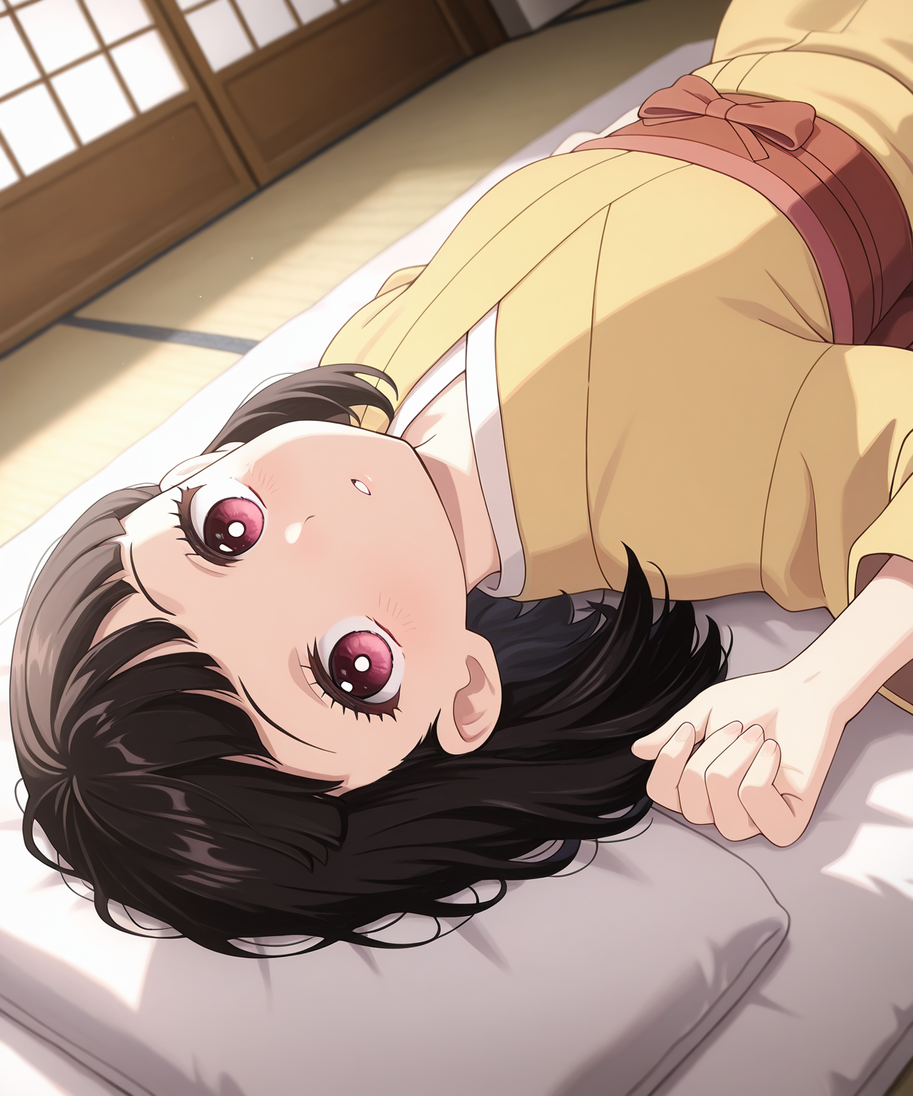 1girl,
KamadoHanakoKimetsunoYaiba, 
general, solo, perspective, dynamic angle, upper body,
eyelashes, yellow kimono,
looking at viewer, lying, on back, parted lips, light blush,
japan, indoors, futon,
depth of field, 
<lora:kp_KamadoHanakoKimetsunoYaibaIllustrious_v1_0:1.0>,
masterpiece, best quality, amazing quality