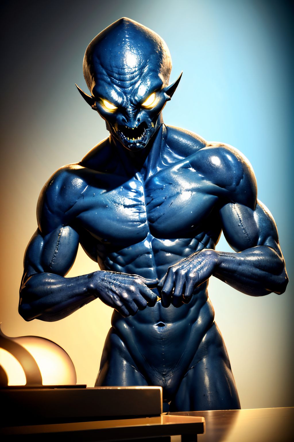 (Realisitc:1.5) no pupils glowing desk lamp angry blue skin alien man monster, <lora:EdobAlienMonsterMale_v1.0:0.8>