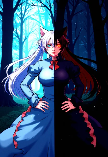 Contrasting blue and red character design, A character with The hair on the left side is long, flowing, and white, with blue eyes symbolizing purity and innocence while the right side The hair is long, flowing, and black, with glowing red eyes representing darkness and chaos. A confident pose with left hand on the hip, the other right hand is hanging loose.Left side background is
Ethereal Forest, A mystical forest bathed in soft, glowing light while the right side is Dark Forest Path, A shadowy path through a dense, dark forest.