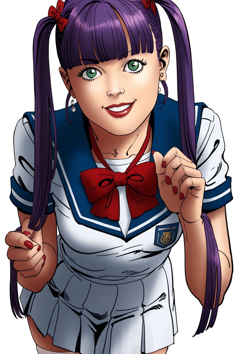 score_9, score_8_up, score_7_up, score_6_up,  (chiaroscuro lighting)  source_cartoon, cartoon, (f3rn4nd0:1.3), (line art).  BREAK. 
imtdsocquelinewang, angel,purple hair,green eyes, long hair, twintails,bangs, blunt bangs, short twintails, low twintails,  asian woman, adult woman, beautiful woman, curvy woman, very wide hips, thin thighs, thigh gap, sexy, face focus, cute face, very detailed facial features, perfect nose, extremely detailed eyes, extremely detailed iris, small breasts, perfect breasts, 
school uniform dress, white dress, pleated skirt, white thighhigh stockings, red bow,
smiling, looking at viewer, 
solo, (white background:1.2)