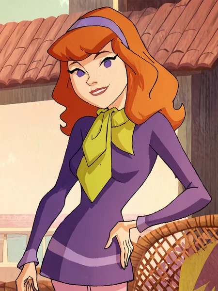 <lora:DaphneMysteryIPony1.0:1> daphneb, 1girl, solo, long hair, hairband, orange hair, purple dress, purple eyes, green scarf, smile, pink pantyhose, cowboy shot, smile, outdoors, looking at viewer, hand on own hip,, score_9, score_8_up, score_7_up, score_6_up, score_5_up, score_4_up