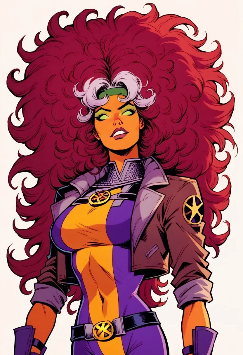 score_9, score_8_up, score_7_up, 1girl, solo, StarfireDG, DEFRogue, orange skin, green eyes, no pupils, lipstick, red hair, two-tone hair, long hair, white bangs, dyed bangs, messy hair, headband, big breasts, cropped jacket, brown jacket, purple bodysuit, long bodysuit, purple gloves, belt, purple boots, full clothed, smug, full body,