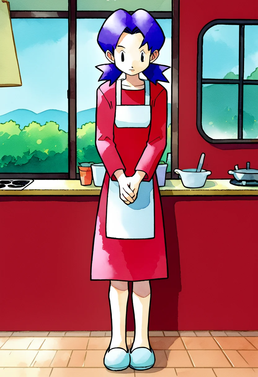 score_9,score_8_up,score_6_up,score_5_up,source_anime,1girl,purple hair,kantomom, <lora:Kantomompony:0.8>,(solo:1.2),black eyes,twintails,black hair,standing,(red dress,apron:1.1),full body,slippers,indoors,vinyl walls,hands together,ken sugimori,watercolor \(medium\), <lora:KenSugimoriPony:1>,outdoors,on porch,small town