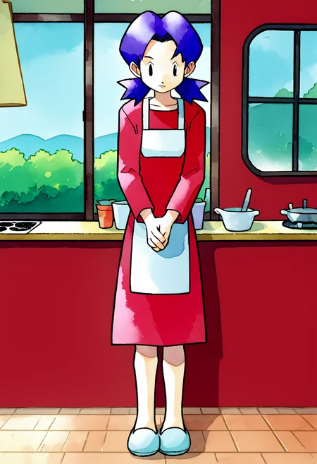 score_9,score_8_up,score_6_up,score_5_up,source_anime,1girl,purple hair,kantomom, <lora:Kantomompony:0.8>,(solo:1.2),black eyes,twintails,black hair,standing,(red dress,apron:1.1),full body,slippers,indoors,vinyl walls,hands together,ken sugimori,watercolor \(medium\), <lora:KenSugimoriPony:1>,outdoors,on porch,small town