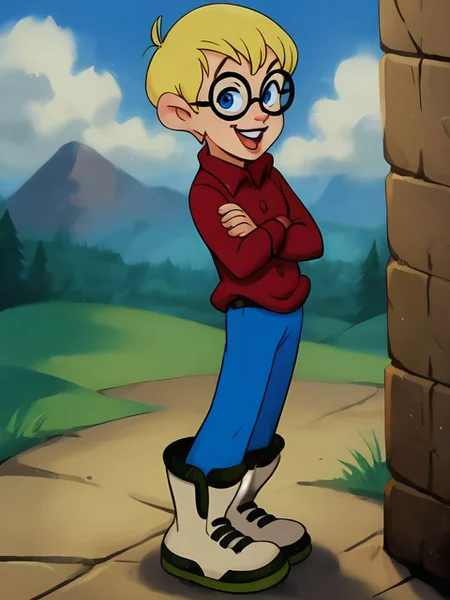 score_9, score_8, score_9, BREAK, solo, open mouth, blue eyes, blonde hair, 1boy, male focus, boots, glasses, pants, standing, crossed hands, smirk, looking at viewer, <lora:Richard_Tyler_From_Pagemaster_Pony:0.9>