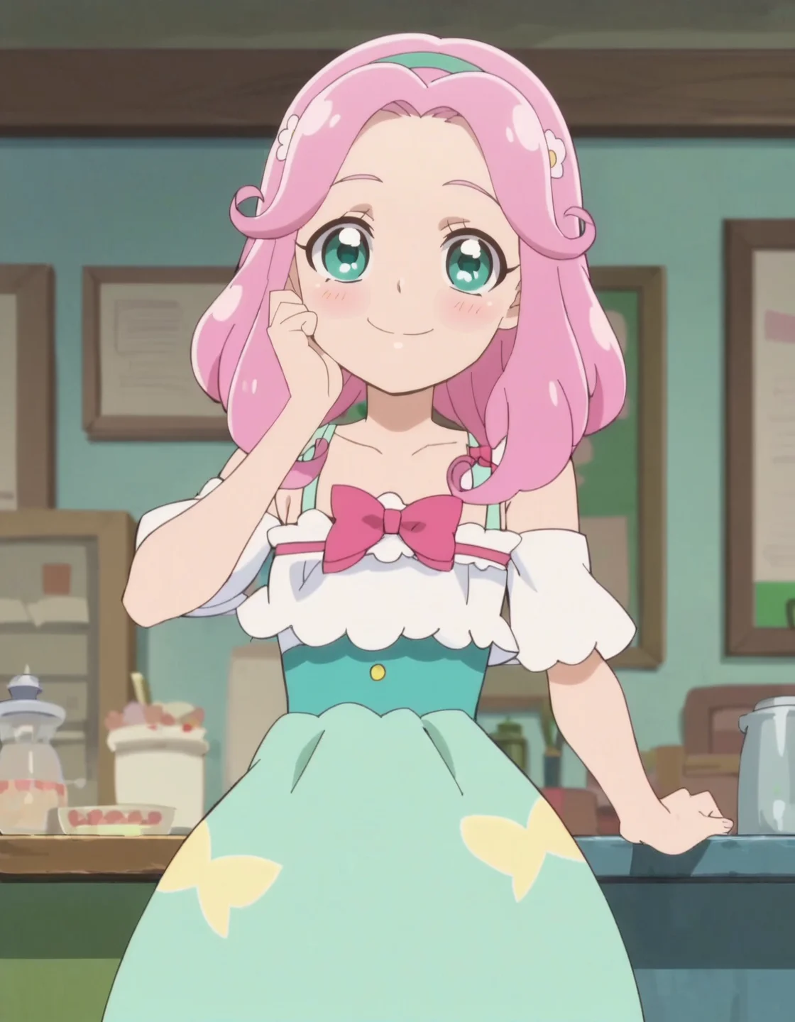 score_9, score_8_up, score_7_up, anime screencap, solo,1girl,hanamikotoha, green eyes,pink hair,pink  bow,green skirt, hairband,white dress,bare shoulder,cowboy shot,smile,blush,looking at viewer,small breasts,<lora:hanamikotoha:0.8>