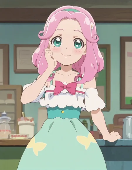 score_9, score_8_up, score_7_up, anime screencap, solo,1girl,hanamikotoha, green eyes,pink hair,pink bow,green skirt, hairband,white dress,bare shoulder,cowboy shot,smile,blush,looking at viewer,small breasts,<lora:hanamikotoha:0.8>