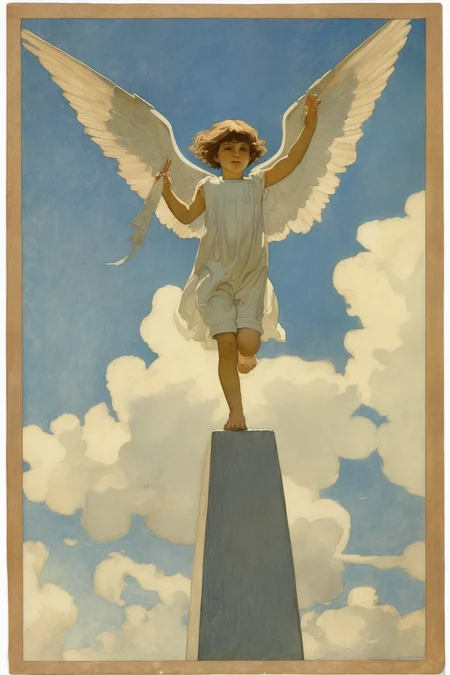 Jessie Willcox Smith Style - the flight of 15-year-old Icarus, obelisk in background, in the style of Jessie Willcox Smith