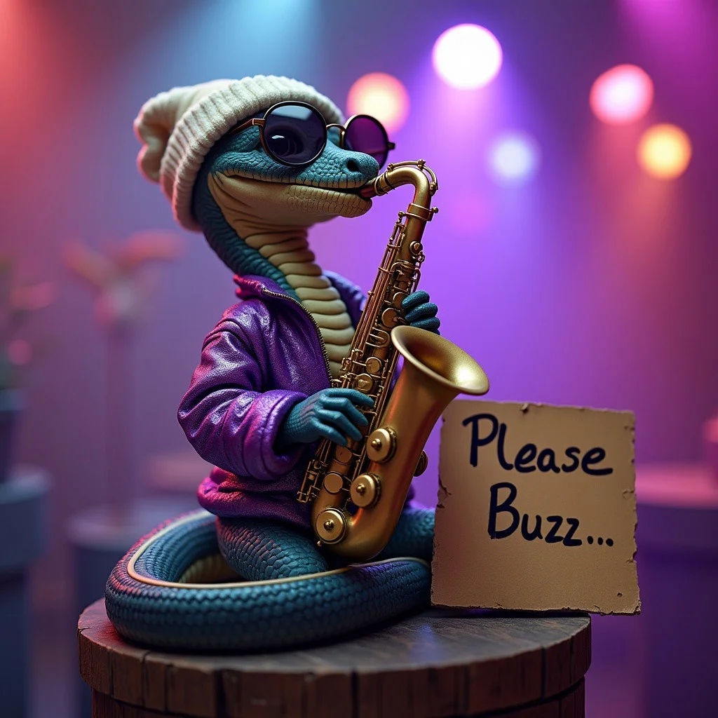 A cute cobra playing the saxophone up on a high pedestal, wearing a beanie, shades, a purple sparkling jacket, disco lights, photorealistic, a cardboard sign that says "Please Buzz...", colourful, epic, cinematic shot,