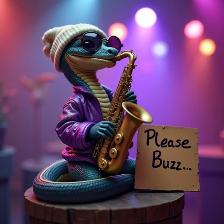 A cute cobra playing the saxophone up on a high pedestal, wearing a beanie, shades, a purple sparkling jacket, disco lights, photorealistic, a cardboard sign that says "Please Buzz...", colourful, epic, cinematic shot,