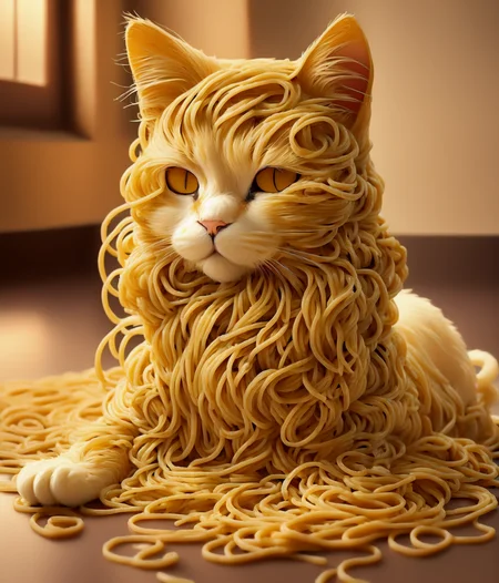 Cat made of spaghetti, perfect composition, masterpiece, best quality, [:cinematic lighting:.35]