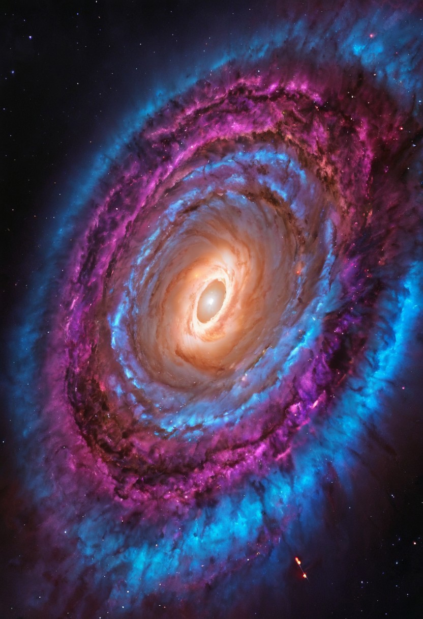 a dynamic and breathtaking image of the universe with vibrant colors and dramatic lighting. Show a swirling nebula in the foreground with bright, intense hues of blue, purple, and pink. In the background, depict a distant galaxy with spiraling arms and scattered stars. Include a supernova explosion, radiating brilliant light, and a mesmerizing black hole at the center, with cosmic debris swirling around it. Add a hint of distant planets and asteroids to create a sense of scale and depth. Make the entire scene feel alive and constantly in motion.