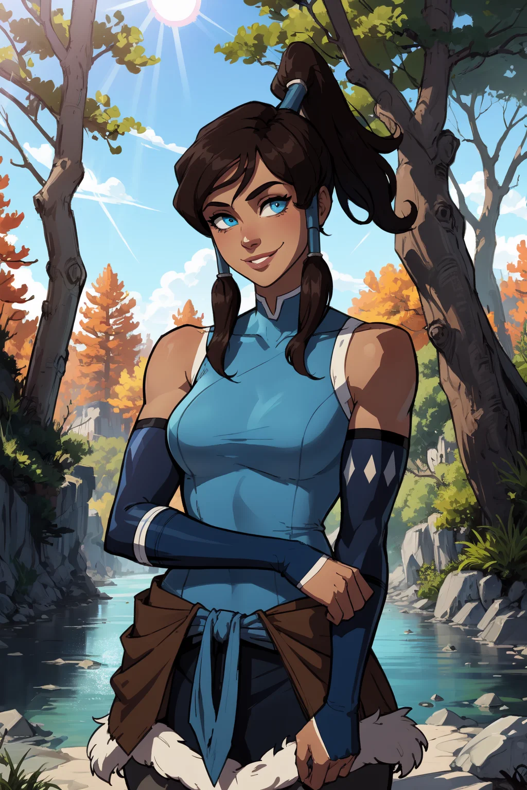 1girl, (solo:1.2), (jumping:1.3), (mid air:1.3), (cowboy shot:1.5), smile, happy, (masterpiece:1.3), (best quality:1.3), (perfect anatomy:1.4), highly detailed, <lora:Korra [Konan - v2.0]:0.8> korra, long hair, (brown hair:1.2), black hair, blue eyes, ponytail, dark skin, dark-skinned female, topknot, (hair tubes:1.4), fur-trimmed jacket around waist, (blue halterneck top:1.3), armlet, vambraces, (bare shoulders:1.3), (arm_warmers:1.3), sleeveless, (secluded river scenery:1.2), (sunlight through trees:1.3), daylight,natural rock formations, nature,, <lora:ThiccwithaQ [MockAi - v1.0]:0.8> nyantcha, expressive faces, anime-inspired, (cell shading:1.2)