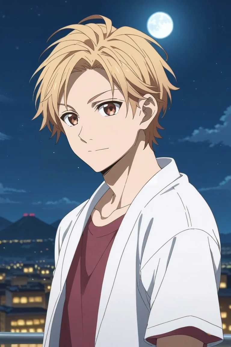 score_9, score_8_up, score_7_up, source_anime, rating_safe, intricate details, (realistic:0.6), looking at viewer, depth of field, 1boy, solo, male focus, <lora:haruki_serizawa_pony:0.9>, haruki_serizawa, blonde hair, brown eyes, short hair, cowboy shot, mountaintop city, night, full moon, legs up, happy, , <lora:sdxl_lightning_8step_lora:1>