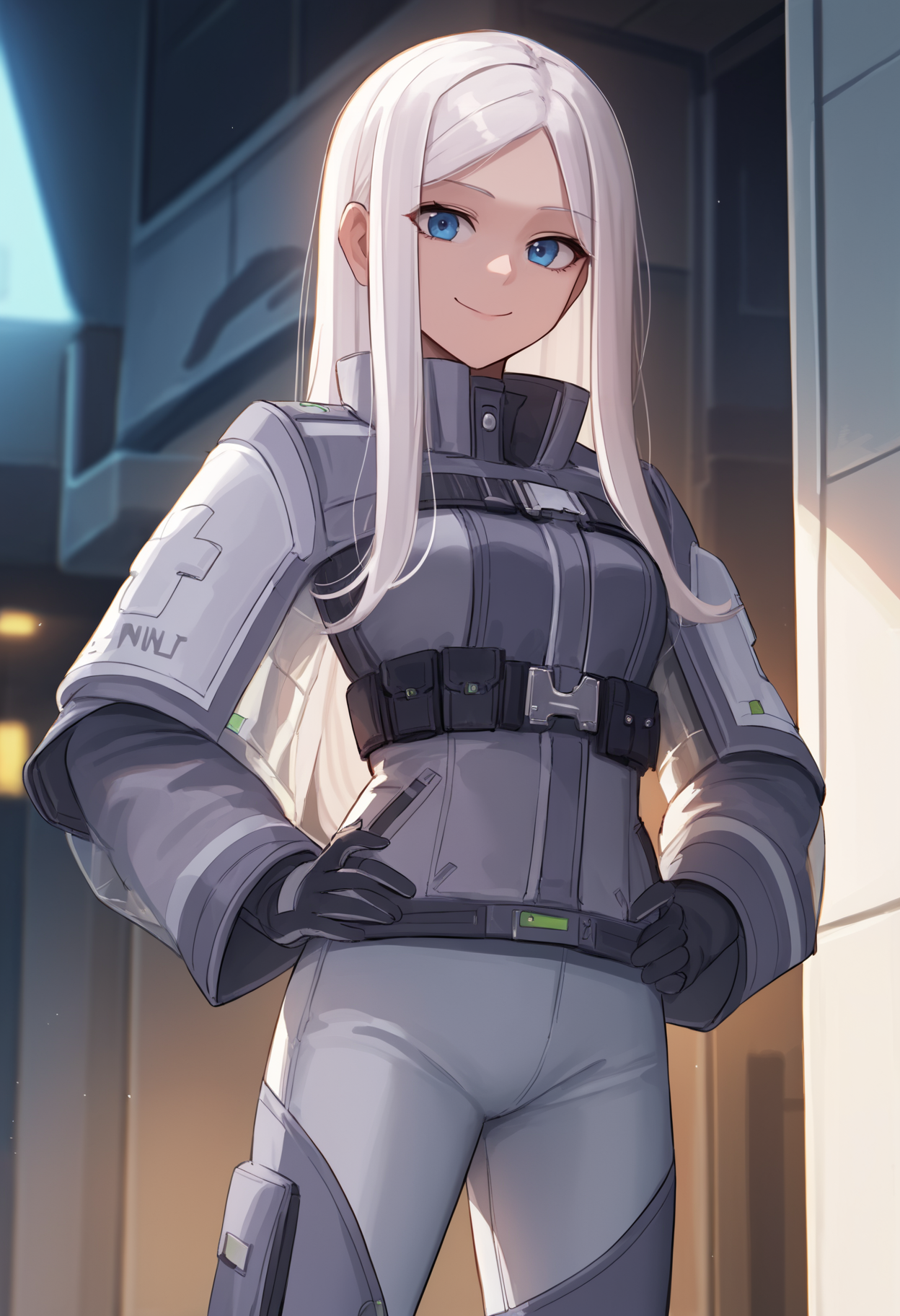 score_9, score_8_up, score_7_up, source_anime BREAK 1girl, solo, <lora:idollocean-nikke-richy-v1_pdxl:1> idllcn, white hair, long hair, grey jacket, gloves, grey pants, standing, blue eyes, smile, closed mouth, hands on hips, looking at viewer