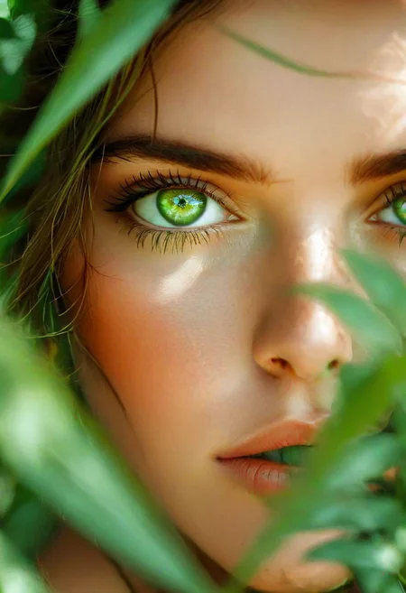 bright eyes, glowing eyes, intense gaze, Stunning. This stunning woman, Celtic, close-up. The whole style is green jungle style, with healing green eyes. Exuding confidence and strength, her expression conveys a feeling of strength and determination. Professional and very detailed