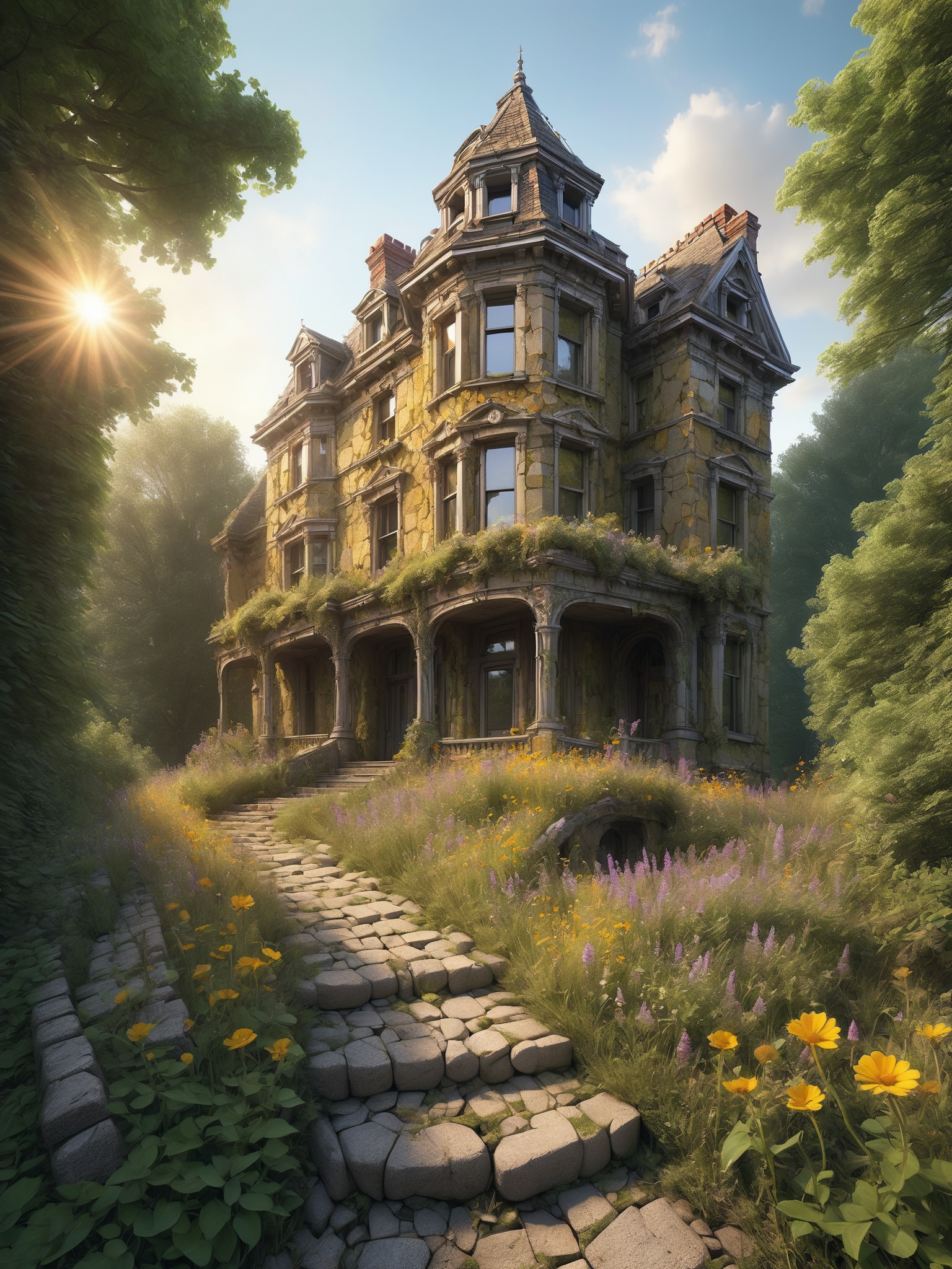 An abandoned Victorian mansion overtaken by nature, with mad-efeu climbing its crumbling walls made of mad-rubble and wildflowers blooming through the cracks of an ancient cobblestone path. The setting sun casts a golden hue over the scene, highlighting the eerie beauty of decay and the relentless power of nature reclaiming human creations, (masterpiece:1.2), best quality, (hyperdetailed, highest detailed:1.2), high resolution textures