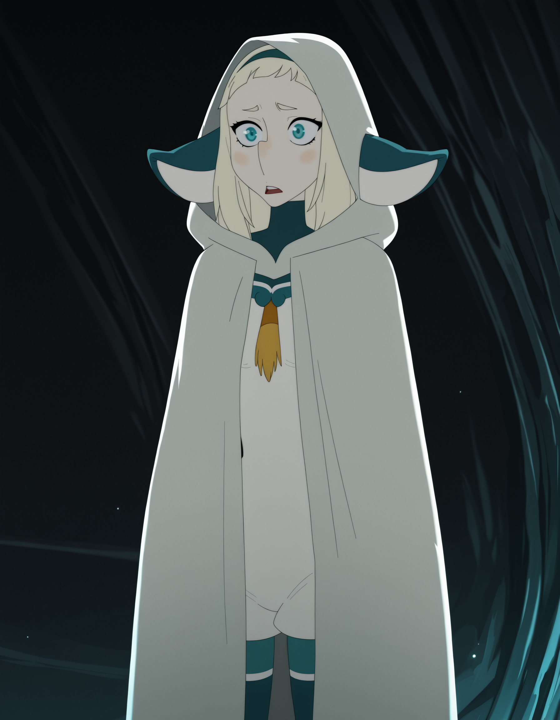 bakara, 1girl, white hair, long hair, solo, aqua eyes, bodysuit, hairband,cloak, hood up,   <lora:BakaraJurgenIllustrious1.0JLFO:1>