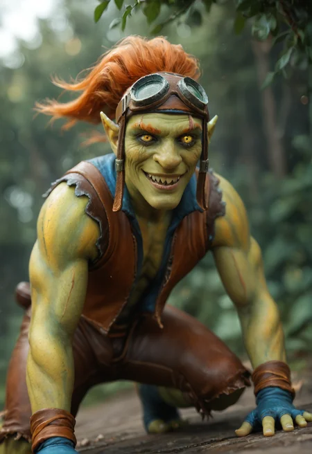 <lora:batrider_v1:0.8> batrider_v1
1boy, yellow skin, green skin, green legs, green face,
pointy ears,
colored skin,
teeth, sharp teeth,
orange hair,
yellow eye, scar on eye,
gloves, goggles, goggles on head, brown long shorts
riding a bat, , bat, score_9, score_8_up, score_7_up, score_6_up, derpibooru_p_95,
detailed eyes, beautiful, detailed background, perfect eyes,
blur censor, blurry, blurry background, blurry foreground, bokeh, motion blur,
chromatic aberration, depth of field, figure, focused, focus
photography, realistic sun light and shadows, photorealism, UHD --ar 9:16 --style raw --stylize 700,
solo,
lush, soft greenery and delicate wildflowers. soft and ethereal atmosphere. The scene is imbued with a sense of calm and introspection, capturing the beauty of nature and the quiet moments., front view, seductive eyes, seductive pose, smiling, looking at viewer, slutty expression, sitting, knee up, leaning on floor,