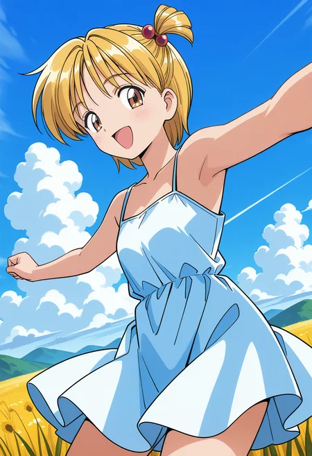 aitoma_forty, brown eyes, blonde hair, short hair, one side up, hair bobbles, sundress, <lora:aitoma_forty_illustrious_ver1:0.8>
smile, open mouth,, masterpiece, best quality, general,, 1girl, solo, (field:1.2), (blue sky:1.2), looking at viewer,, (cowboy shot, dynamic pose:1.4),