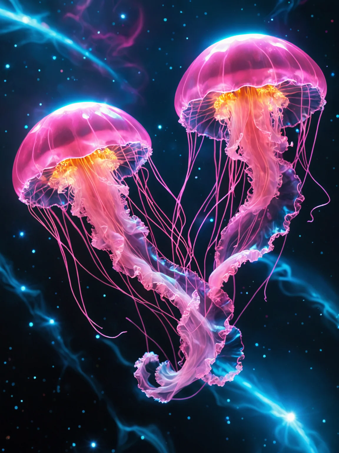 glowneon, jellyfish pack floating in space, blue, pink
