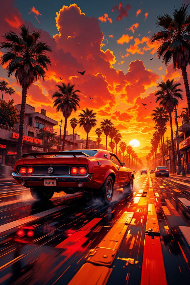 pinhole photography. Dutch angle cinematic shot of a cherry red muscle car from the 1970s cruising at speed onto a majestic reddish sunset. The road reflects the bright orangish glow of the sun on the drenched asphalt, and palm trees line its sides. Bright yellows and reds reflect on the car's body and highlight its fast moving silhouette. Pinkish clouds adorn the vast expanse of the horizon, creating depth and perspective in this energetic composition. The car's license plate has the text "CIVITAI".,aidmafluxpro1.1