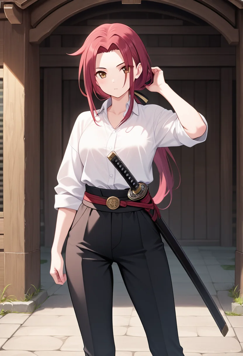 <lora:ruka_IXL-06:0.7> 1girl,tachiarairuka,red hair,white shirt,pants,sheath
,best quality,masterpiece