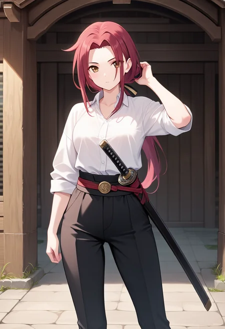 <lora:ruka_IXL-06:0.7> 1girl,tachiarairuka,red hair,white shirt,pants,sheath
,best quality,masterpiece