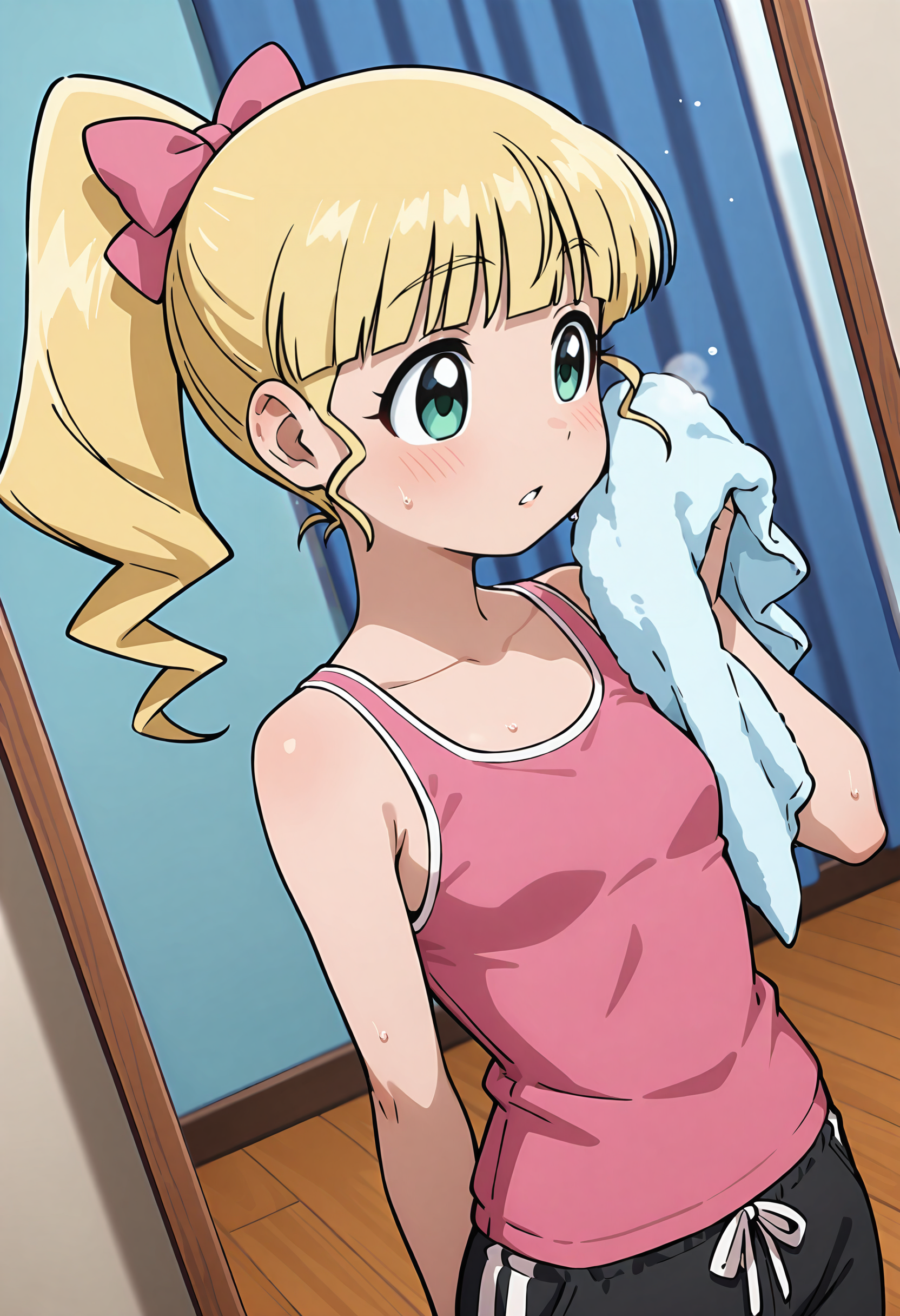 best quality, amazing quality, perfect quality, high quality, masterpiece, absolutely eye-catching BREAK
<lora:Ika_Musume_-_Mari:1> IkaMari, green eyes, blonde hair, long hair, ponytail, drill hair, blunt bangs, pink hair bow, small breasts BREAK
pink tank top, black sweatpants BREAK
inside, dance studio, wooden floor, mirror, light particles BREAK
1girl, solo, holding towel, wiping sweat, sweat, cowboy shot, dutch angle, parted lips
