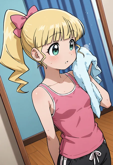 best quality, amazing quality, perfect quality, high quality, masterpiece, absolutely eye-catching BREAK
<lora:Ika_Musume_-_Mari:1> IkaMari, green eyes, blonde hair, long hair, ponytail, drill hair, blunt bangs, pink hair bow, small breasts BREAK
pink tank top, black sweatpants BREAK
inside, dance studio, wooden floor, mirror, light particles BREAK
1girl, solo, holding towel, wiping sweat, sweat, cowboy shot, dutch angle, parted lips