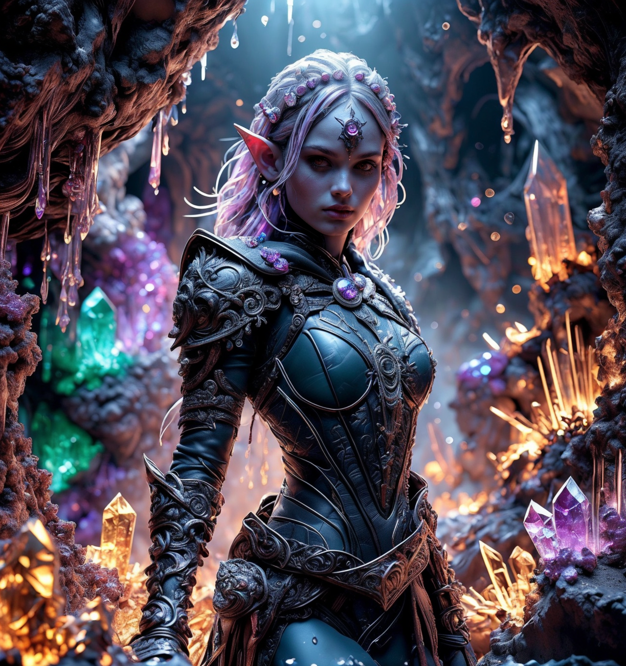RAW photo, (masterpiece:1.3), subsurface scattering, heavy shadow, (high quality:1.4), (intricate, high detail:1.2), professional photography, HDR, High Dynamic Range, realistic, ultra realistic, photorealistic, high resolution, film photography, ambient lighting, atmospheric effects, <lora:detail_slider_v4:2>, OverallDetail, <lora:CrystalCaves:0.96>, cave, cryca, colorful crystals, gems, beams of light, water dripping from walls,  <lora:Drow:0.8>, a female drow scout, wearing intricate leather armor, dynamic pose, cape, epiCPhoto, <lora:zoom_slider_v1:-2>