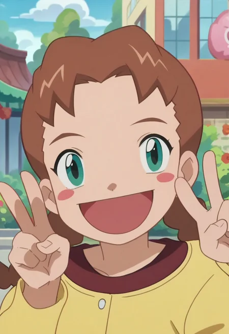 score_9, score_8_up, score_7_up, score_6_up, source_anime, anime screenshot, anime screencap, Macey, brown hair, green eyes, 1girl, solo. peace sign, happy, looking at viewer, open mouth, smile, outdoors, upper body, blush stickers, twin braids