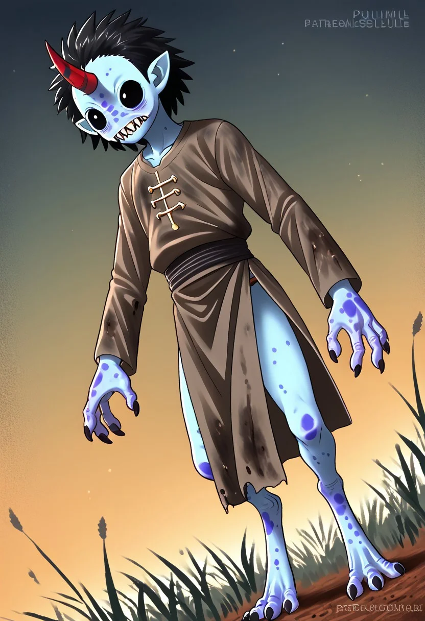 ((Alien humanoid)), solo, androgynous, aquatic features
blue skin, ((webbed skin between fingers)),
((nostrils only, nostril slits, vertical nasal slits, narrow nostrils)):1.6, ((narrow eyes)), ((black sclera, black irises)), smooth skin, pointy ears, small ears, tiny ears, holes in skin, forehead horn, short horn, veiny horn, ((single horn)):1.0, ((4 fingers)), fingernails, thin lips, ((black hair)), ((short hair, spiky hair)), sharp teeth, ((digitigrade legs)), bent legs,
full body shot
ragged clothes, muddy clothes, loincloth, tunic, dirty
Medieval style, fantasy style,
((Variety)):1.2
((dutch angle))
river background
fully clothed, loose clothing, clean lines, smooth colors, detailed fingers, sfw, style: b3yum1, source: semi-realistic, rating: pg, score: 8 up, score: 9