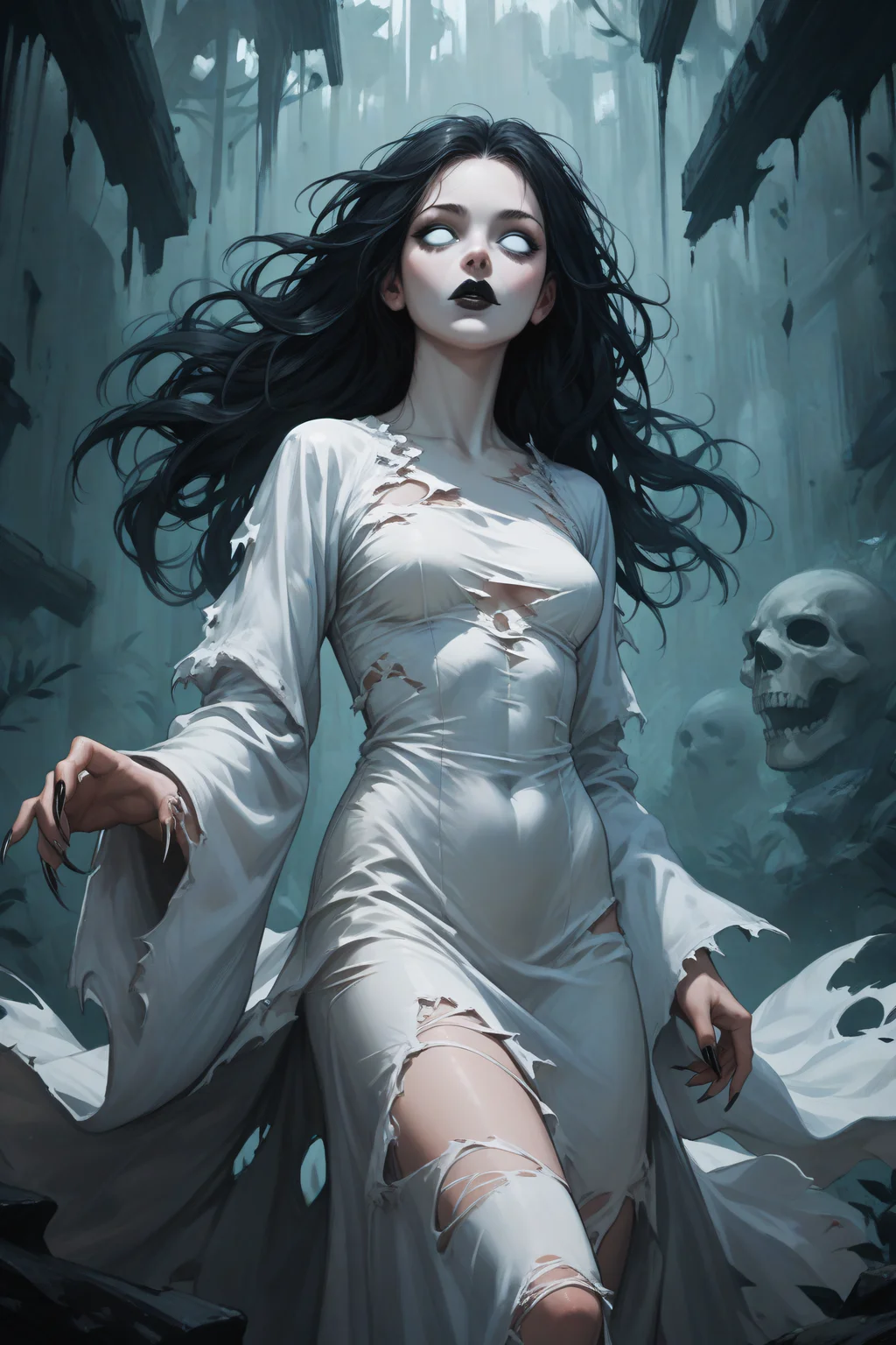 score_9, score_8_up, score_7_up, score_6_up, score_5_up, score_4_up, <lora:Banshee-PonyXL-lora-Faxtron:1> banshee, 1girl, blank eyes, long hair, medium breasts, pale skin, black lips, long fingernails, white dress, long sleeves, wide sleeves, torn clothes,