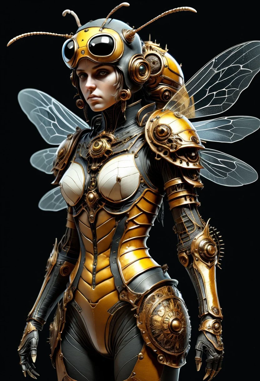 best quality,( Luis Royo style drawing), masterpiece, extremely detailed, an extremely delicate and beautiful, dynamic, realistic anatomy, great lighting, perfect shading, professional shading, depth of field, dark environment, beautiful bee, steampunk bee,  full body,  fur and leather,  side soft light, elegant, gorgeous, highly detailed,  well-endowed, full shot photo, uncropped,  perfect face, perfect anatomy,cute, beautiful, perfect beauty,amazing beauty, pure genious, absolutely perfect, gentle, highly detailed, breathtaking