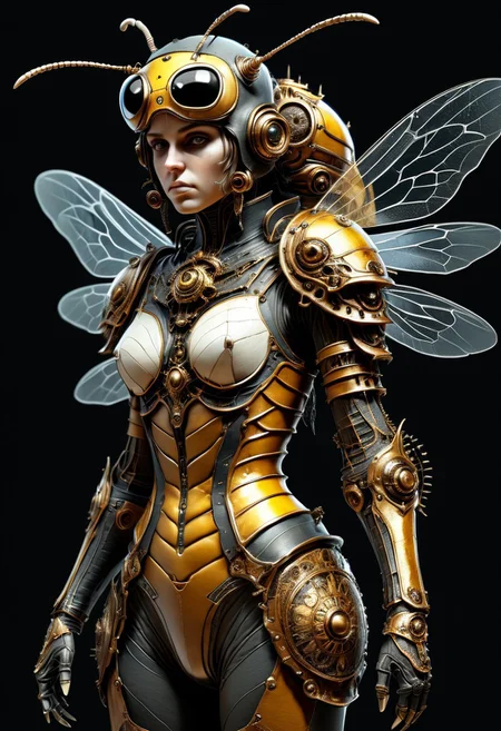 best quality,( Luis Royo style drawing), masterpiece, extremely detailed, an extremely delicate and beautiful, dynamic, realistic anatomy, great lighting, perfect shading, professional shading, depth of field, dark environment, beautiful bee, steampunk bee, full body, fur and leather, side soft light, elegant, gorgeous, highly detailed, well-endowed, full shot photo, uncropped, perfect face, perfect anatomy,cute, beautiful, perfect beauty,amazing beauty, pure genious, absolutely perfect, gentle, highly detailed, breathtaking