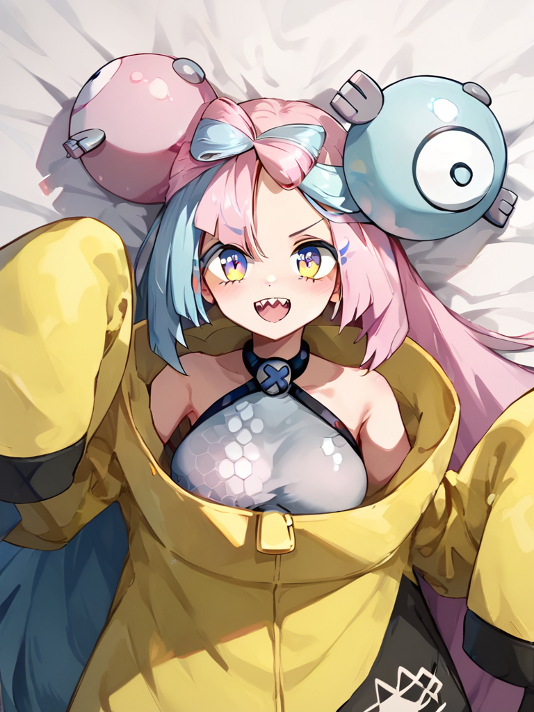 score_9, score_8_up, score_7_up, ultra detailed,, <lora:Expressive_H:0.8> Expressiveh, zPDXL, lying on the bed, view from above,  <lora:l0n0-10:1>, l0n0, 1girl, long hair, smile, hair ornament, jacket, pink hair, yellow jacket, character hair ornament, iono (pokemon), teeth, sharp teeth, bow-shaped hair, solo, oversized clothes, very long sleeves, x, sleeveless, sleeveless shirt, sleeves past fingers, shirt, sleeves past wrists, open mouth, low-tied long hair