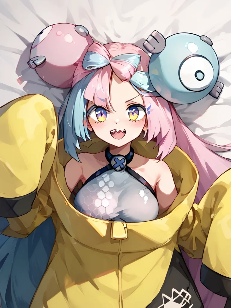 score_9, score_8_up, score_7_up, ultra detailed,, <lora:Expressive_H:0.8> Expressiveh, zPDXL, lying on the bed, view from above, <lora:l0n0-10:1>, l0n0, 1girl, long hair, smile, hair ornament, jacket, pink hair, yellow jacket, character hair ornament, iono (pokemon), teeth, sharp teeth, bow-shaped hair, solo, oversized clothes, very long sleeves, x, sleeveless, sleeveless shirt, sleeves past fingers, shirt, sleeves past wrists, open mouth, low-tied long hair