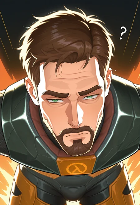 masterpiece, best quality, hires, absurdres, newest, 1boy, solo, male focus,<lora:gordonfreeman-hl-richy-v1_ixl:1> gordonfreeman, brown hair, short hair, facial hair, green eyes, squinting, half-closed eyes, leaning forward, looking at viewer, confused,