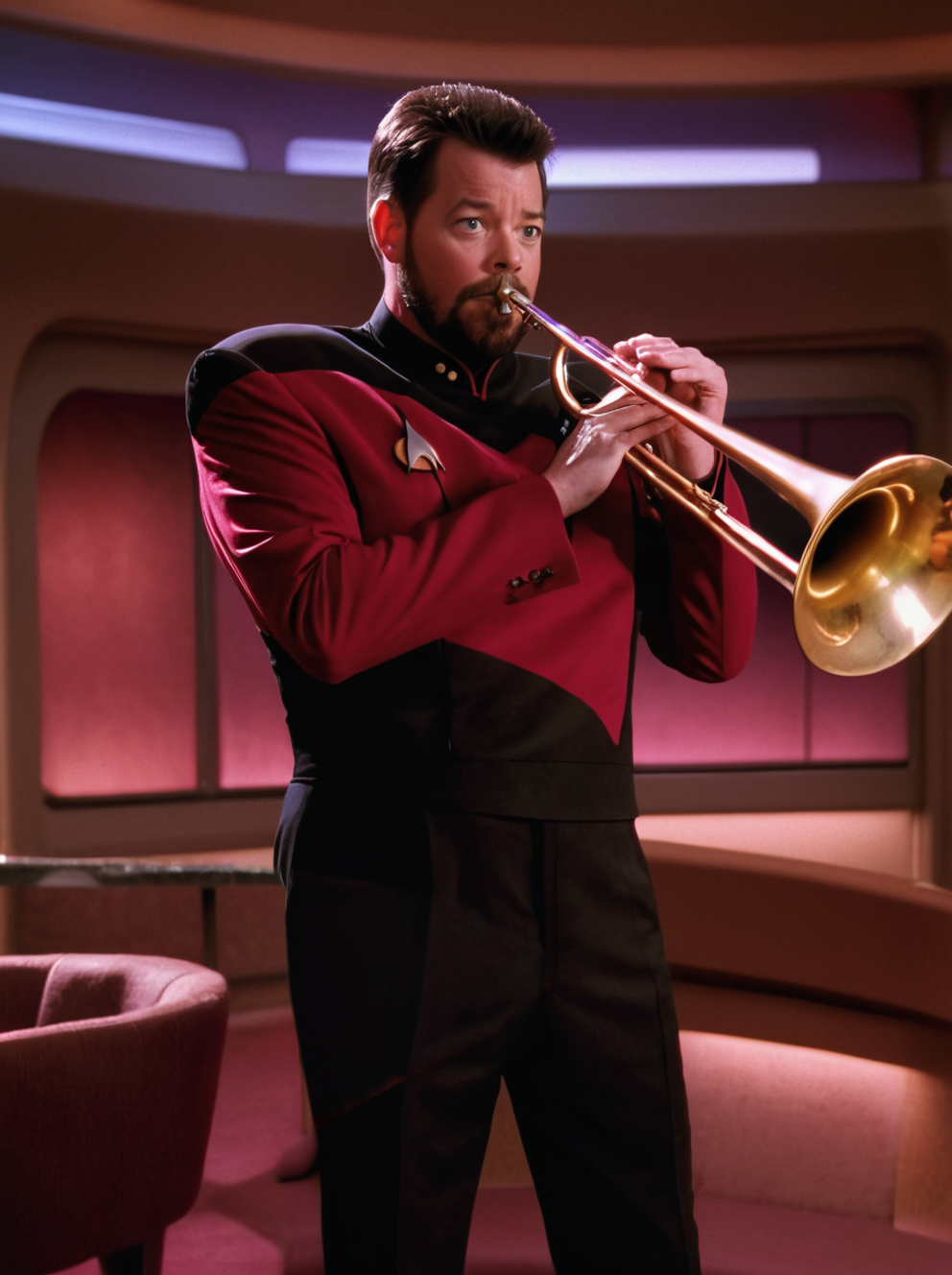 Riker playing a (trombone:1.3) with both hands,  wearing red starfleet uniform, (puffed cheeks:1.2), in ten forward, on the enterprise, cocktail tables in background, best quality, moody lighting <lora:StarTrekTNG-v7:1>