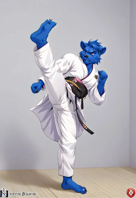 (((Barefoot furry character, full body, cinematic setting, furry male, plantigrade))) 
(((Beast from X-Man))), muscular, beefy, brawny, (((wears white kimono and lonh white pants))), (((performs karate kick))), high kick, lifted leg,  blue fur on entire body
BREAK, detailed background, 8K, (masterpiece:1.5), intricate details, highly detailed, extreme detail, octane render, fine art, best quality, highres, (detailed face:1.5), ((full_body)), UHD, (((perfect hands))), low light