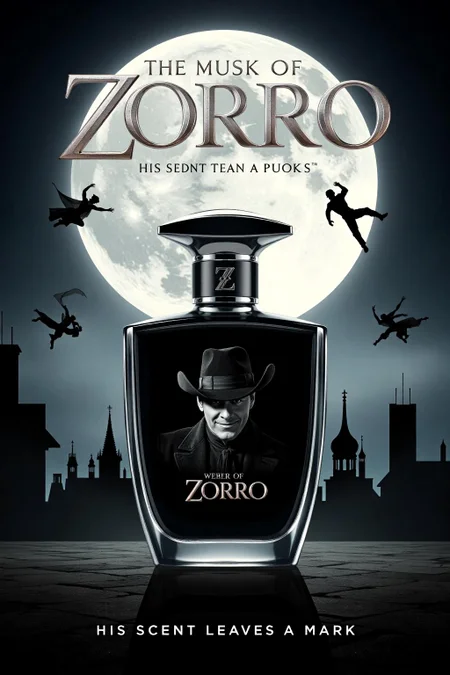 mvpstr. Epic Movie poster for "The Musk of Zorro," featuring a sleek bottle of men's cologne as the centerpiece. The cologne bottle has an elegant black and silver design with a bold, artistic portrait of Zorro on the front. Zorro is depicted in his iconic black mask and wide-brimmed hat, with a playful, smirking expression. The bottle's cap resembles the handle of Zorro's sword, with a Z-shaped insignia etched into it. In the background, dramatic shadows of Zorro's silhouette leap across rooftops under a full moon. The poster has a mix of action and comedy, with bold, exaggerated fonts for the title, "The Musk of Zorro," in metallic silver, positioned at the top. The tagline underneath says, "His scent leaves a mark." Cinematic lighting highlights the glossy cologne bottle, giving it a luxurious, commercial feel. Humorous, over-the-top design, matte finish, vintage movie poster style. <lora:schnell_v1.0:1.0> <lora:EpicMoviePoster-000015:1.0><lora:785780021026511641:0>