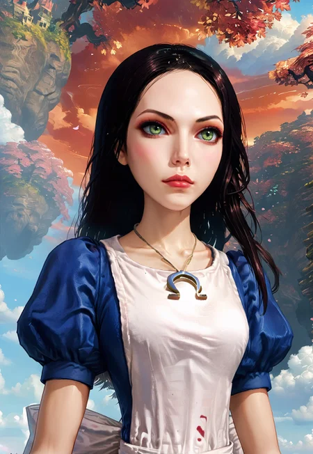 SCORE_9, SOURCE_ANIME, SOLO, 1GIRL, PORTRAIT, CLOSE UP, FRONT VIEW, ALICE LIDDELL, BLACK HAIR, GREEN EYES, DRESS, APRON, NECKLACE, RED SKY, CLOUDS,