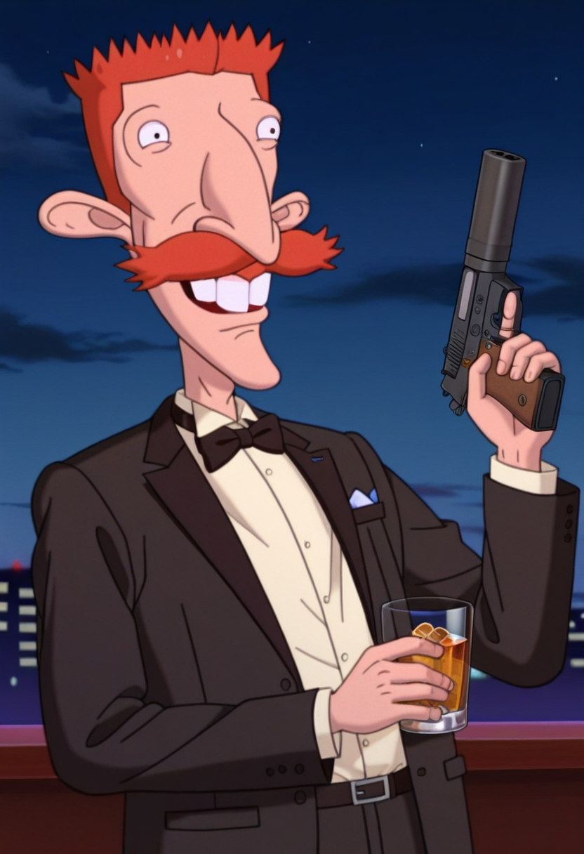 masterpiece, high quality, n1g3l, 1boy, male focus, solo, short slicked hair, orange hair, mustache, teeth, upper body, cowboy shot, formal, bow tie, taxedo, holding pistol, hand up, dark, pistol with suppressor, weapon, night, pointing pistol, holding whiskey glass,
