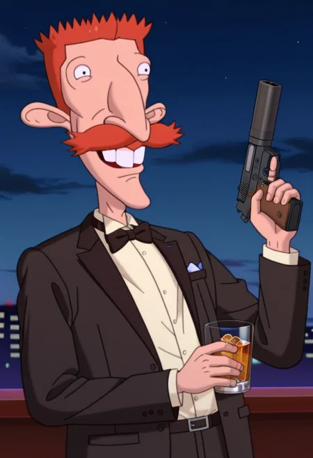 masterpiece, high quality, n1g3l, 1boy, male focus, solo, short slicked hair, orange hair, mustache, teeth, upper body, cowboy shot, formal, bow tie, taxedo, holding pistol, hand up, dark, pistol with suppressor, weapon, night, pointing pistol, holding whiskey glass,